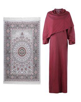 مناسك طقم سجادة مع شرشف صلاة بأكمام طويلة - أحمر