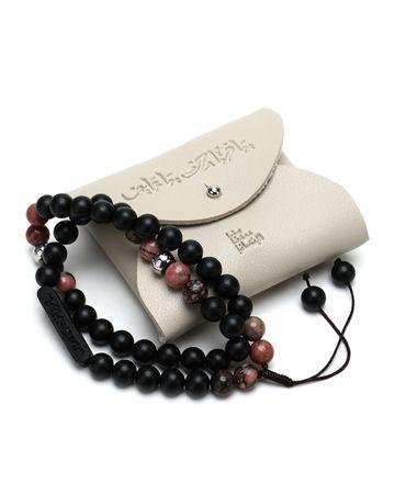 من معدن الإنسان سُبحة يا فتاح من حجر الرودونايت الأسود والزهري - 45 خرزة