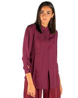 مشكاة بلوزة بتصميم كروشيه وأكمام طويلة  - أحمر داكن - S